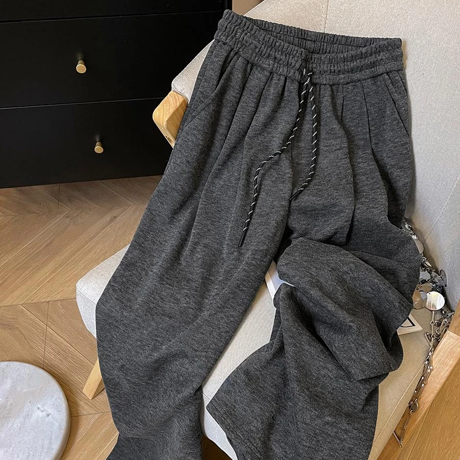 灰色直筒阔腿裤高腰显瘦毛巾裤女秋冬加绒加厚垂感加厚拖地卫裤