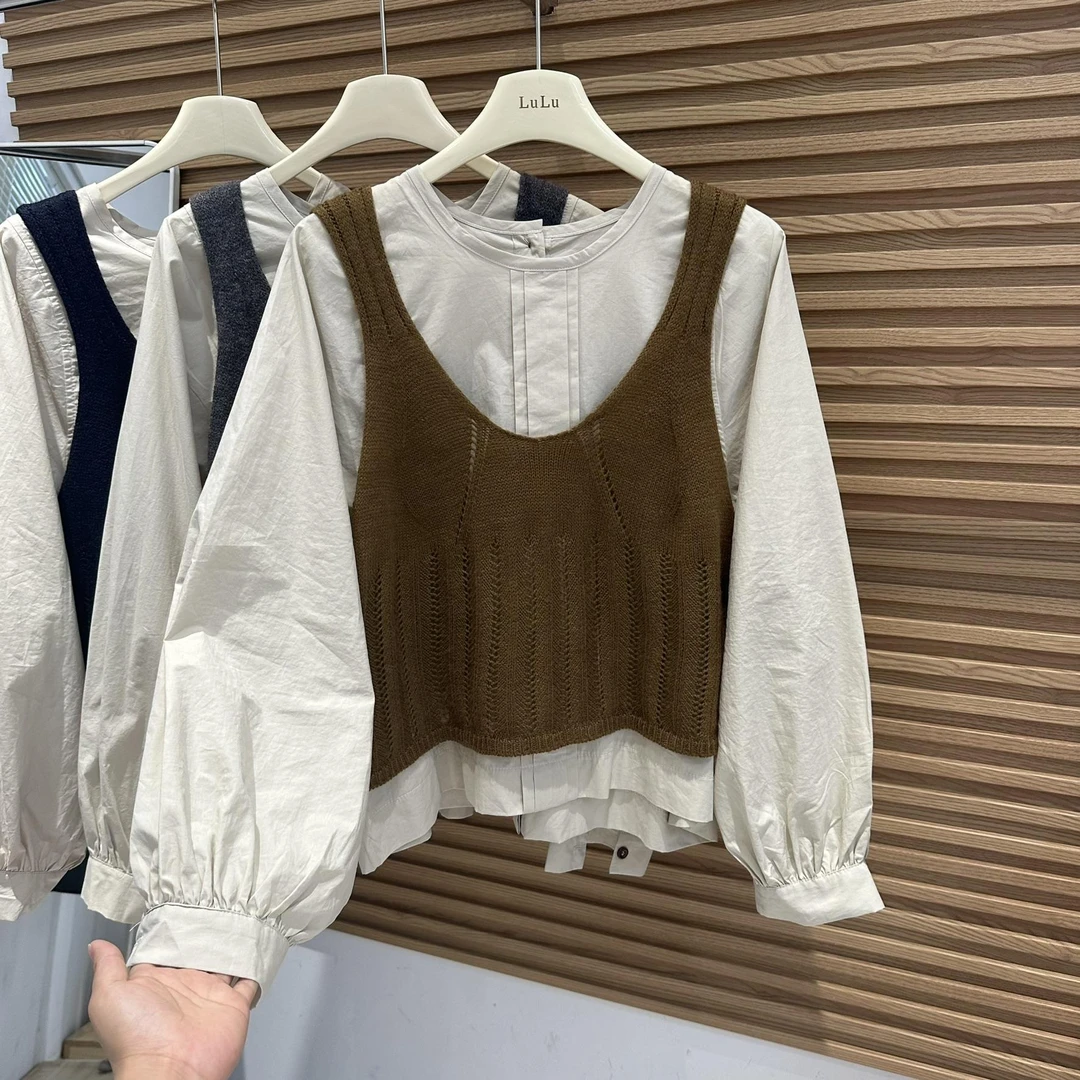 韩系高级感气质圆领衬衫女2025年秋冬新款宽松小众针织背心两件套