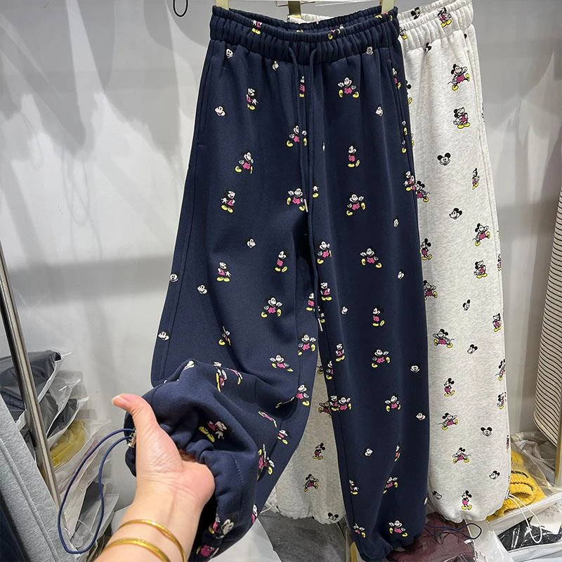 奥粒绒2025冬季新款松紧腰加绒加厚卡通图案两穿卫裤百搭休闲裤女