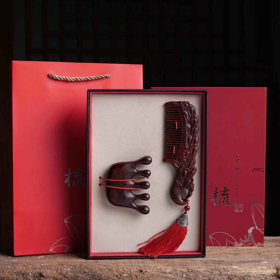 紫檀木美人梳礼盒装节日送礼物结婚嫁妆实用雕刻梳子古风防静电