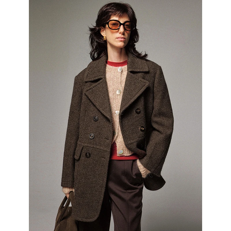 FLOWERSAYS:隐隐青 羊驼毛羊毛复古粗斜纹mi*u风大翻领中长外套