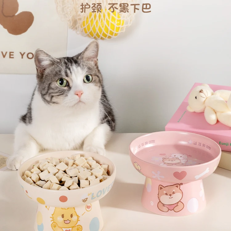 猫碗陶瓷猫咪猫狗食盆粮水碗慢食猫盘碗饭盆小型犬护颈猫咪碗