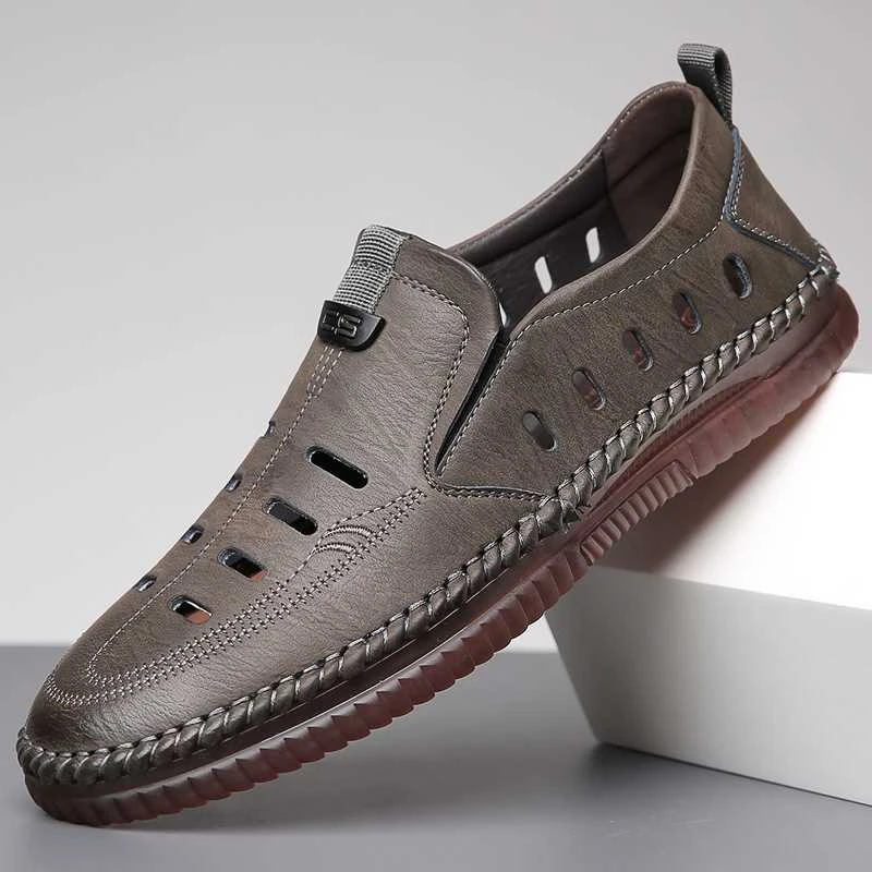 男士镂空皮鞋男2024夏季软底软皮透气懒人凉鞋一脚蹬洞洞鞋爸爸鞋