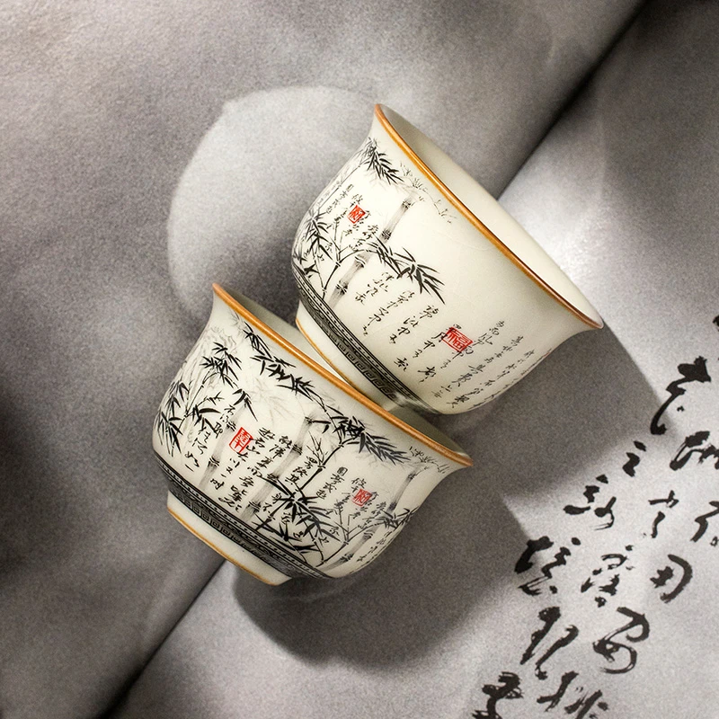 汝窑墨竹圆鼎茶杯套装家用主人杯陶瓷开片可养个人茶杯中式喝茶杯