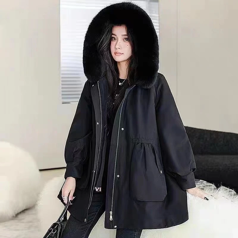 新款海宁大毛领派克服休闲女士百搭兔皮毛内胆可拆卸宽松连帽保暖