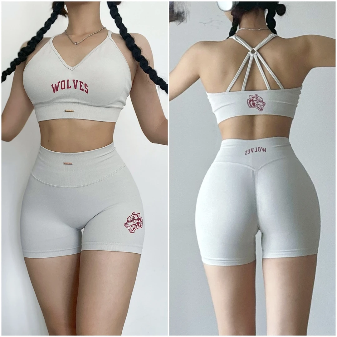 聚拢紧身瑜伽服女短裤文胸夏天套装外穿运动跑步狼头健身服女背心