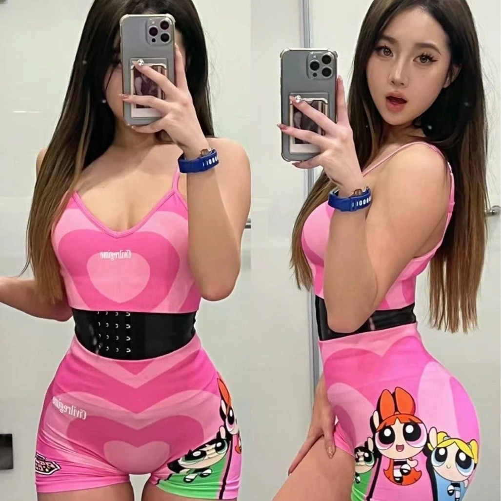 三分短裤飞天蜜桃粉爱心印花紧身瑜伽蜜桃提臀针织训练运动服套装