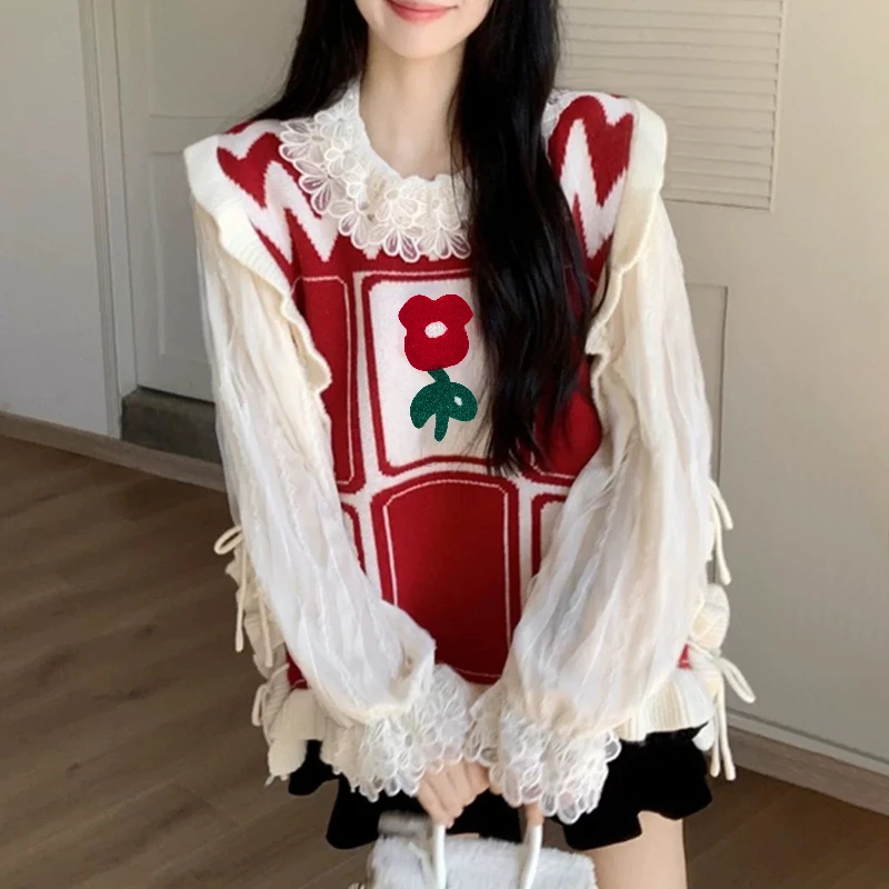大码荷叶边拼色圆领针织马夹240斤胖妹妹可爱减龄马甲冬季新款XQ