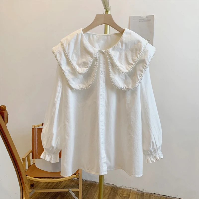 大码娃娃领白色长袖衬衫宽松240斤胖妹妹秋装女款爆款2024新款XQ