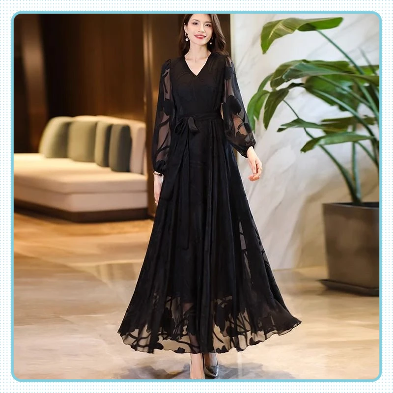 时尚高端大气V领大摆连衣裙女系带大码收腰显瘦旅游度假减龄长裙