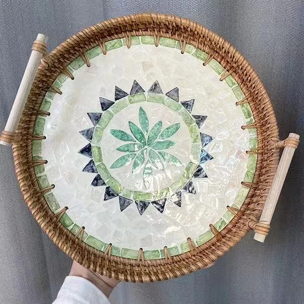 TB007-1木把手波西米亚风贝壳收纳托盘尺寸：28*3cm
