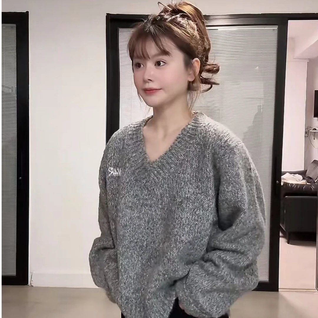 韩系慵懒风V领套头针织毛衣 B22