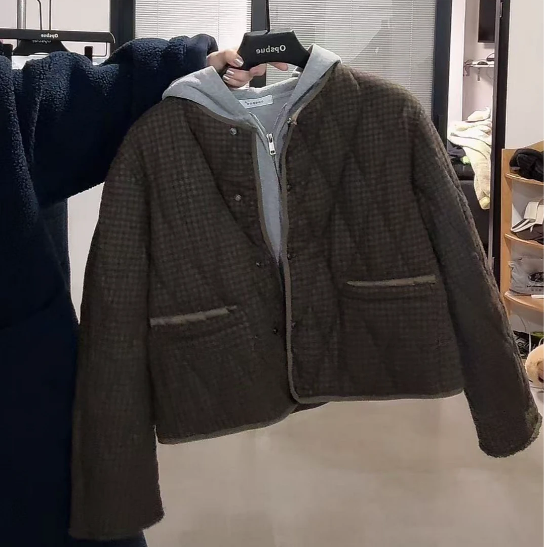 韩系百搭圆领菱形格子棉衣    X03