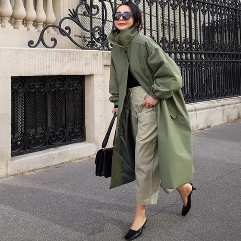 两色风衣外套女中长款韩版宽松大码休闲大衣