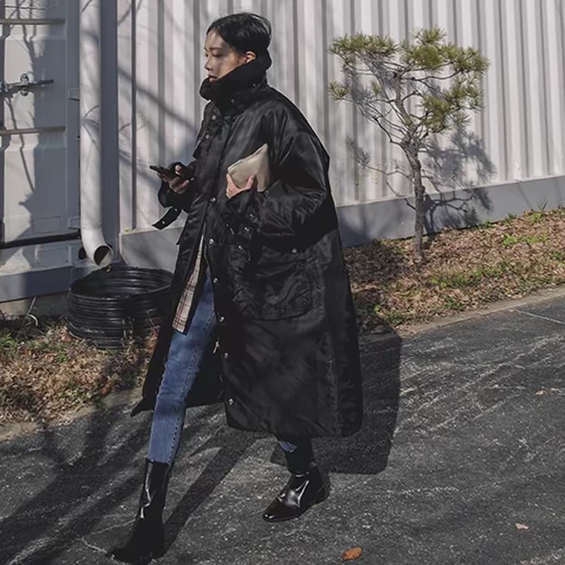 清货黑色仿羊羔毛领子棉衣女中长款外套