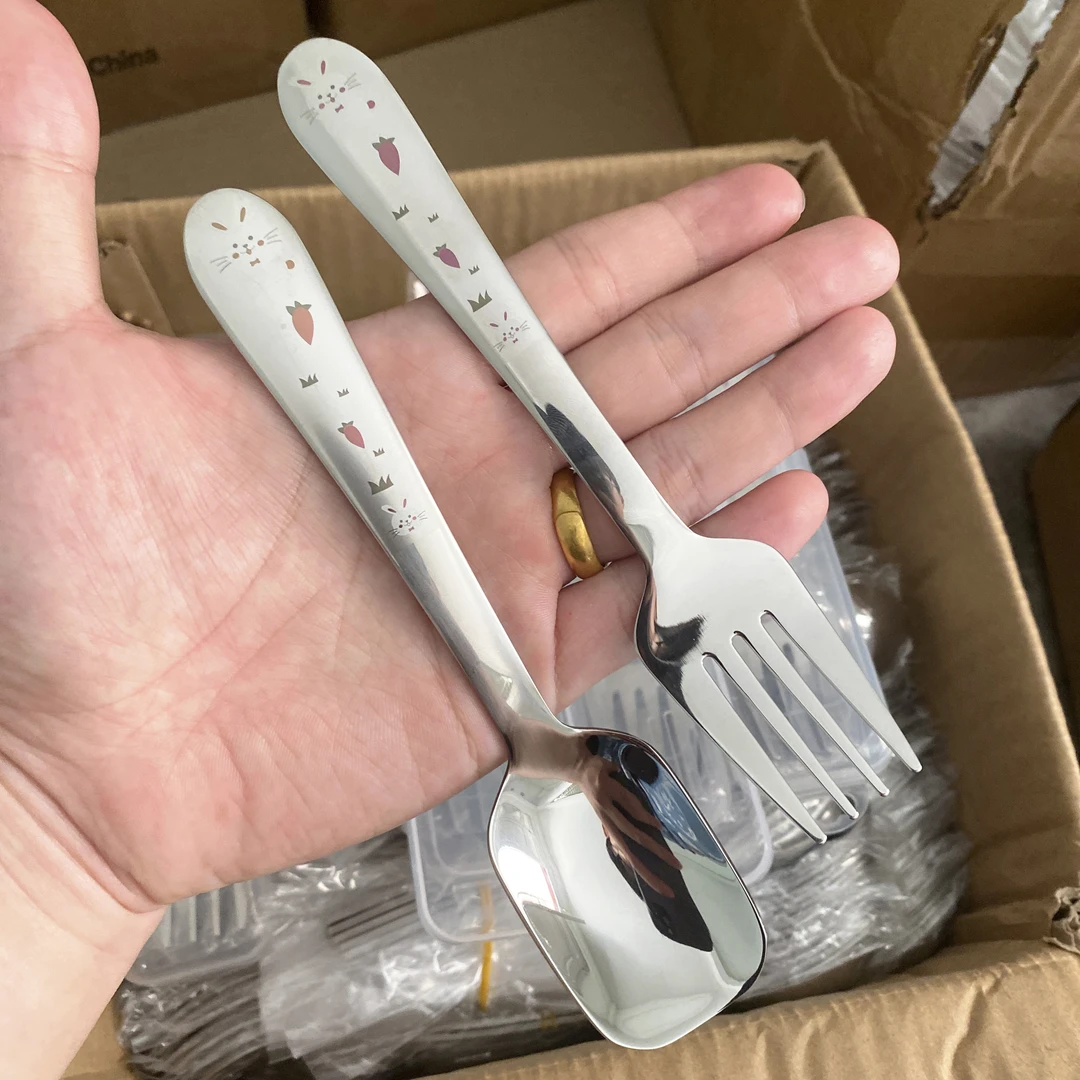 304不锈钢勺儿童吃饭叉子餐勺可爱高颜值加厚勺子家用宝宝喂饭勺