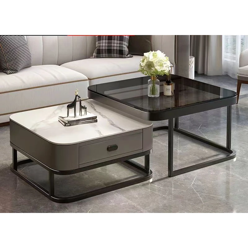 岩板玻璃茶几轻奢储物意式现代家用小户型客厅铁艺茶桌网红小茶几