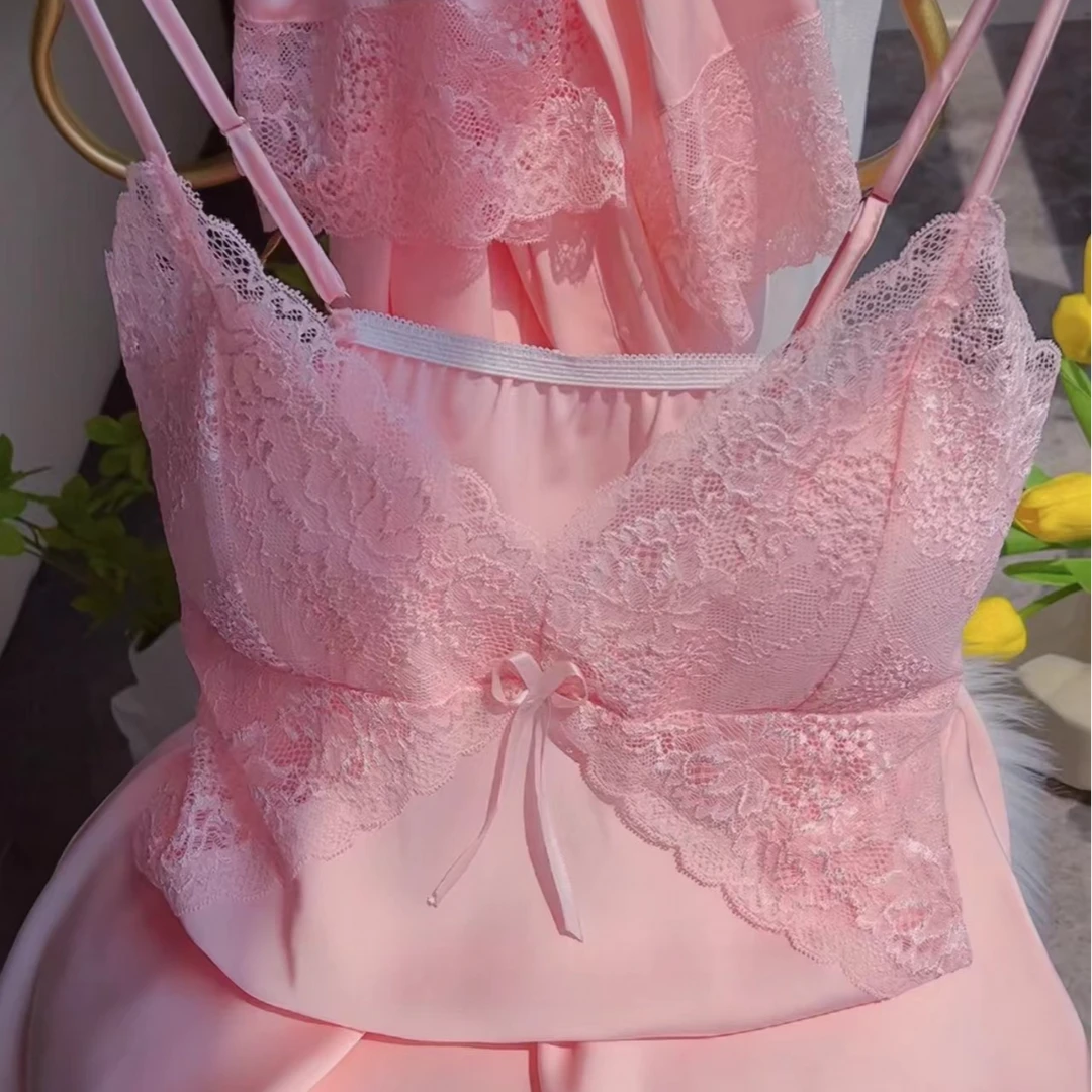 春夏冰丝温柔女友蕾丝睡裙两件套可拆垫子