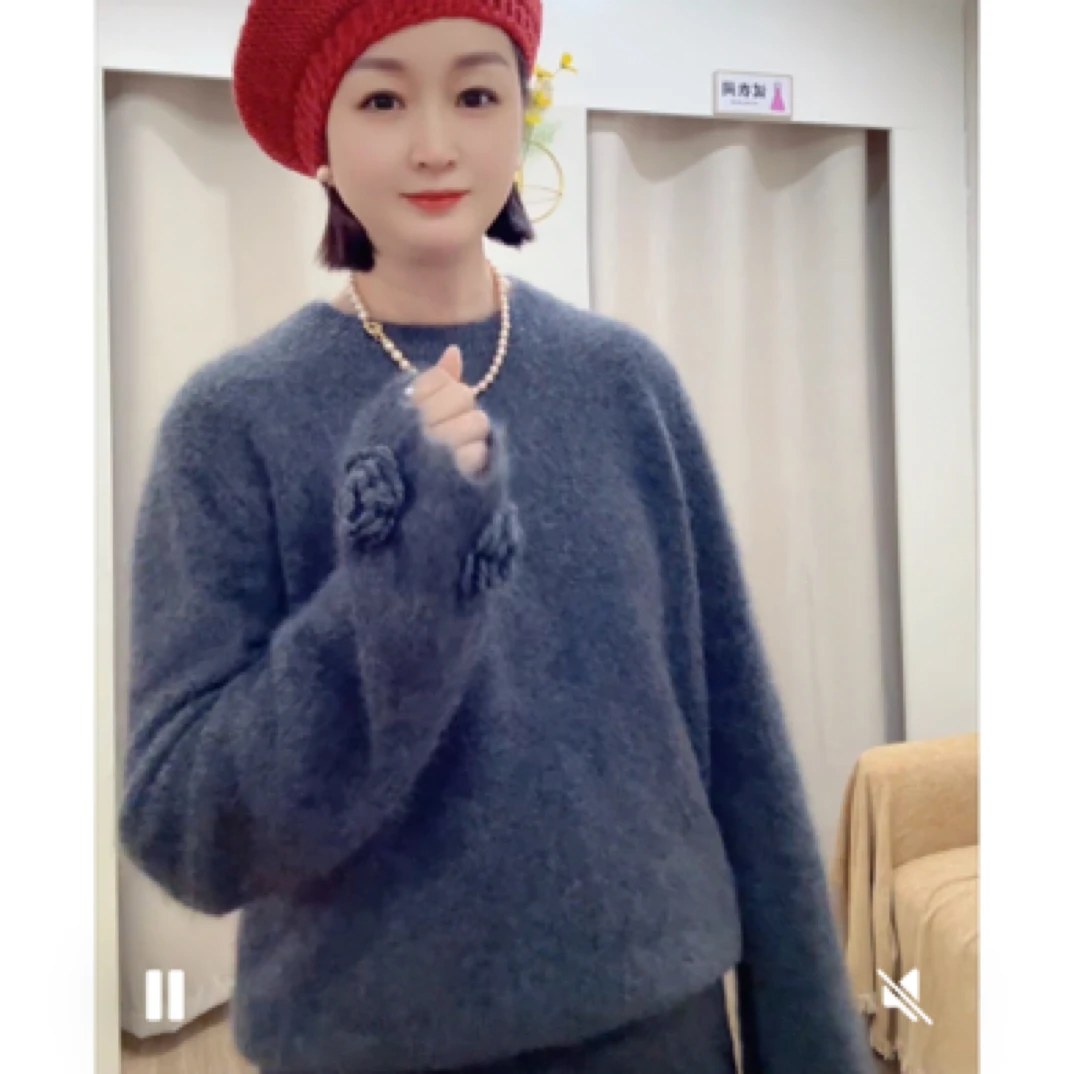 法式宽松慵懒风克莱因蓝色套头毛衣女针织上衣