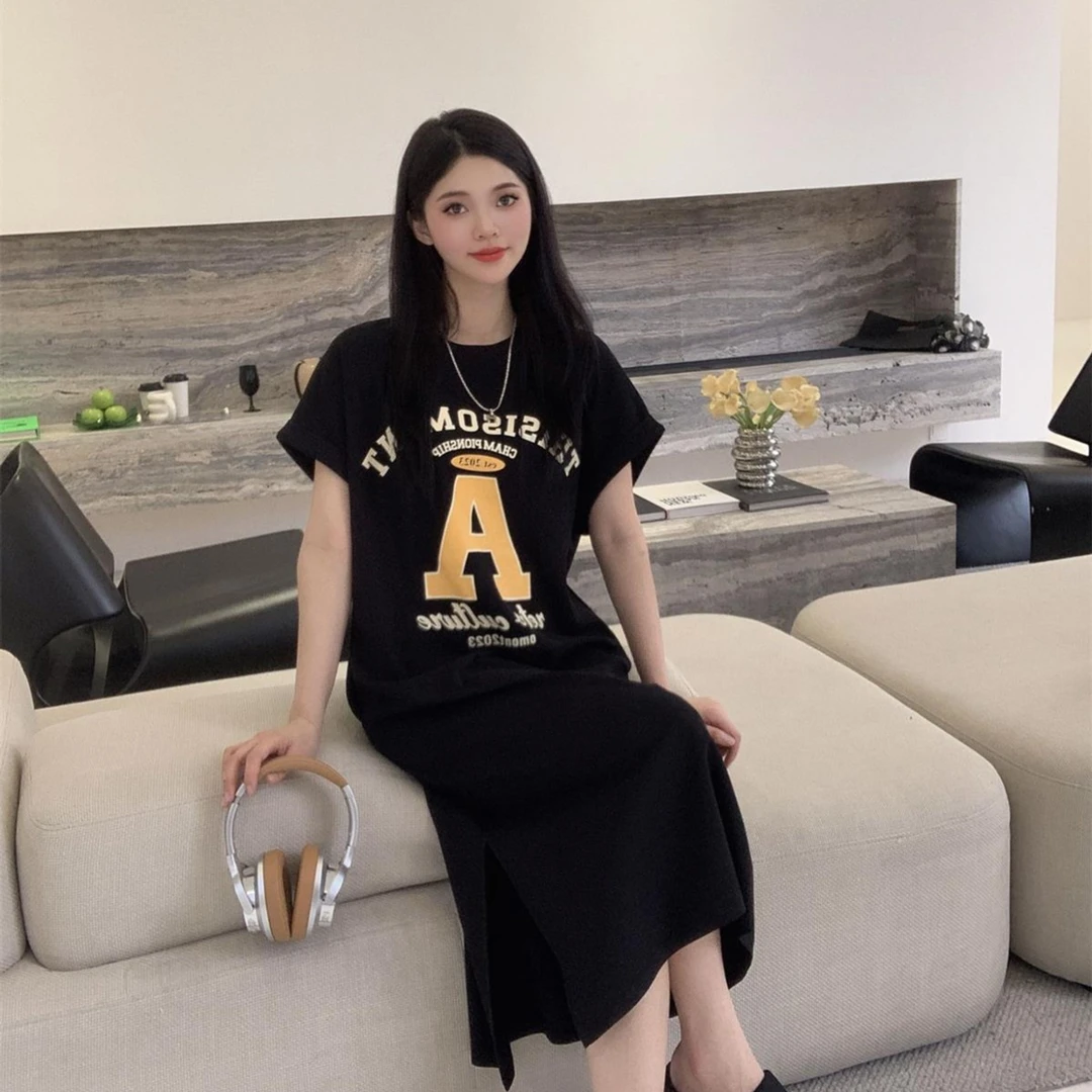 【库】#9223夏季前后印花字母镂空长款短袖T恤裙宽松遮肉韩版连衣裙