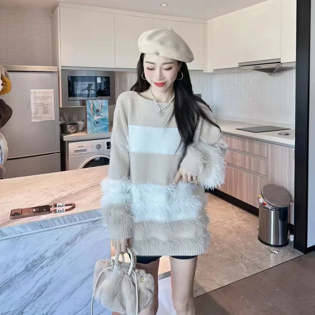 兮兮~#2466 韩版慵懒风设计感加厚条纹毛衣女宽松百搭针织衫