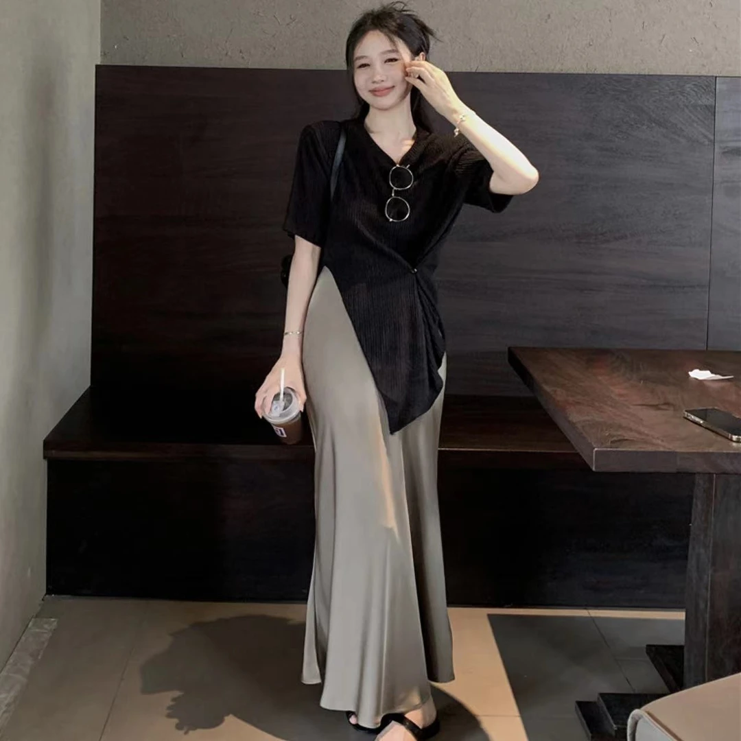 【现】#9540小个子穿搭夏装下摆开叉气质炸街时尚减龄裙子两件套装