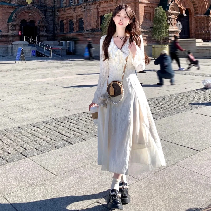 满满~白颜~#1277法式仙女风气质显瘦长款加薄绒连衣裙女秋冬