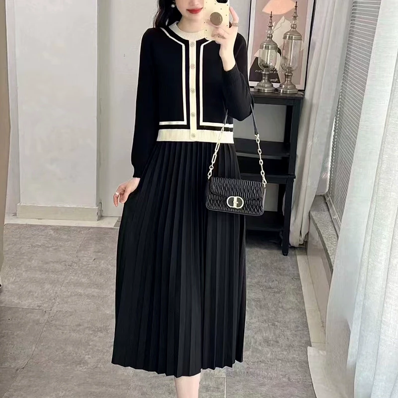 拼接毛衣裙2024秋季新款女时尚百搭假两件褶皱中年妈妈针织连衣裙