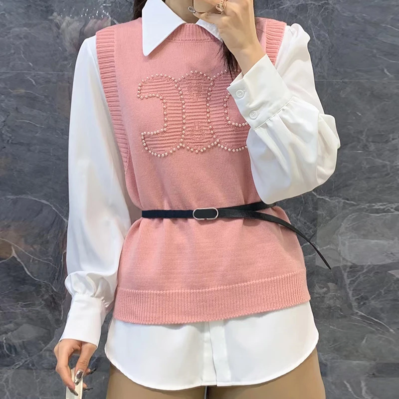 瑟琳背心衬衫女款2024新款春季拼接假两件针织背心设计感上衣