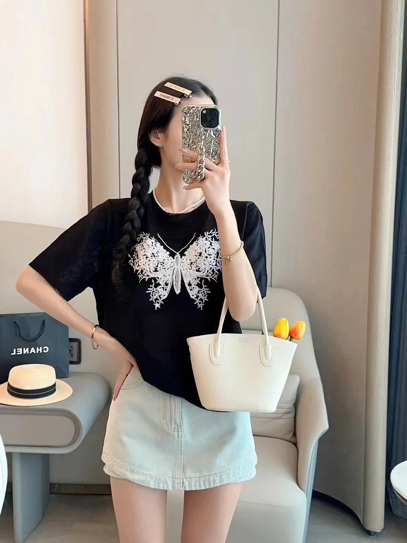 韩版2024夏季新款圆领重工亮片蝴蝶拼色短袖针织衫女时尚减龄上衣