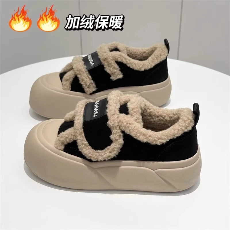 加绒保暖厚底毛毛鞋女2025冬季爆款面包鞋韩版时尚增高休闲鞋
