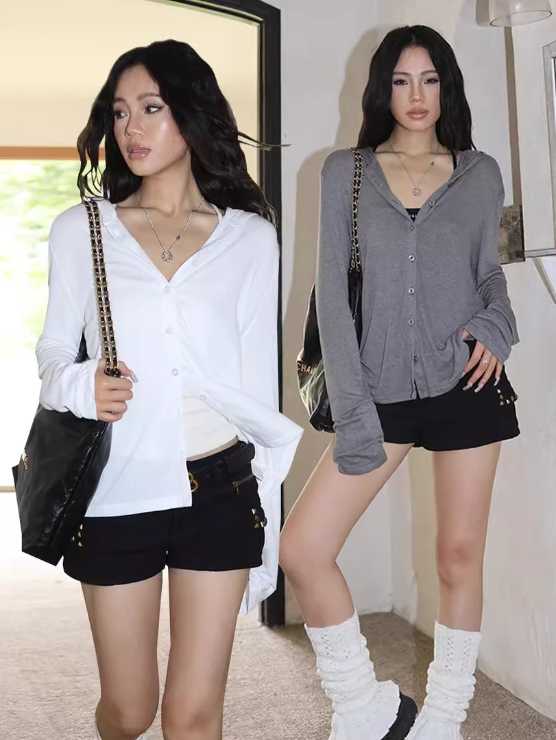 Audwyn薄款连帽防晒开衫女夏季新款宽松弹力轻薄慵懒风针织长袖