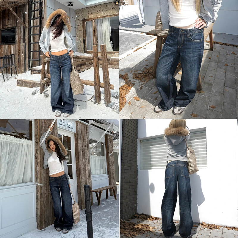 Audwyn复古深蓝低腰水洗牛仔裤2024秋冬新款宽松显瘦阔腿直筒长裤