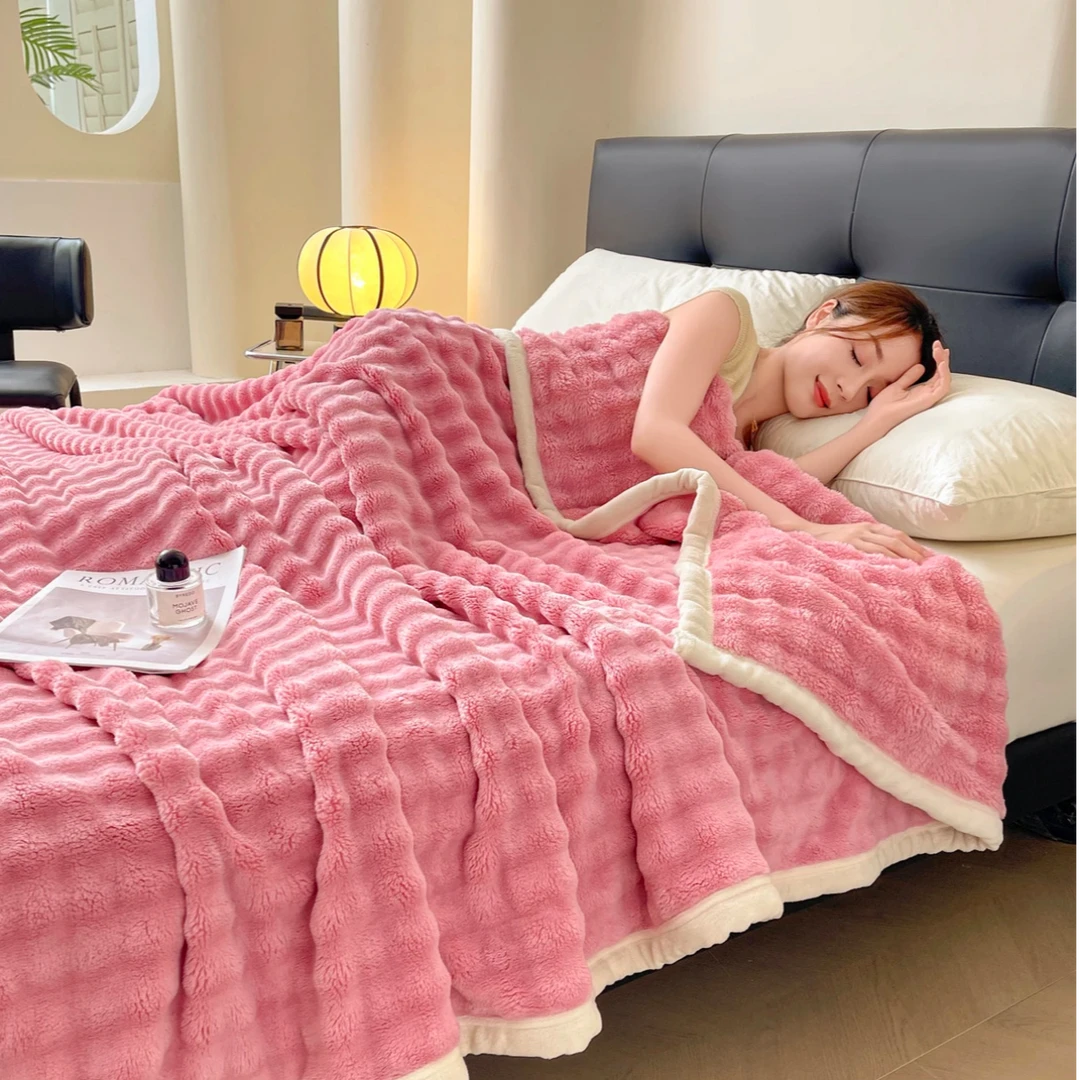 2.3米*2米【粉兔兔泡泡床盖毯】高克重立体提花仿兔毛毛毯被jan15th