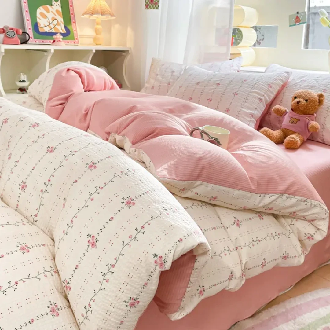 2*2.3【沐歌四件套】泡泡棉 粉色可爱田园风通用清新亲肤透气四件套