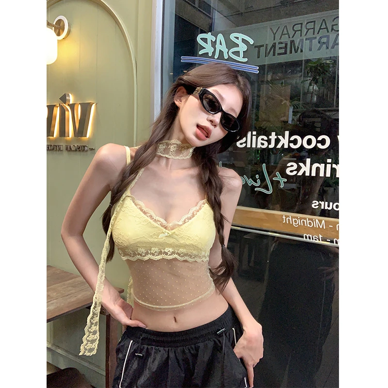 甜辣honey 蝴蝶结纯欲性感蕾丝吊带背心女辣妹波点显瘦内搭上衣