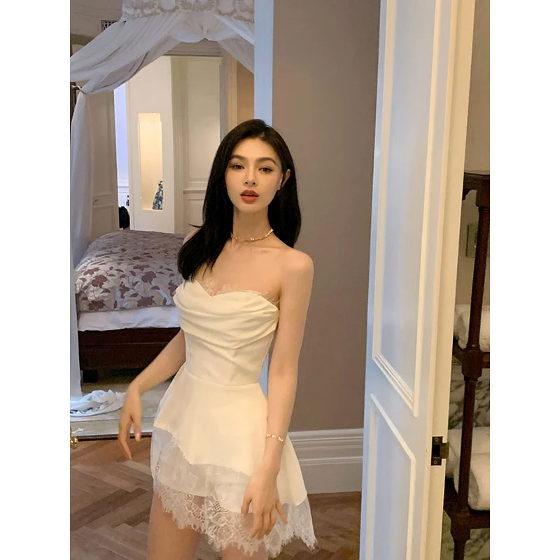 双生花 纯欲风性感荡领蕾丝拼接设计感修身显瘦气质抹胸连衣裙女