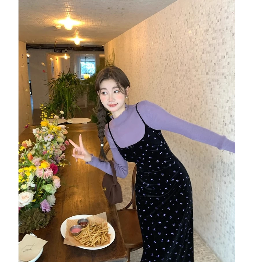 韵味紫色套装女黑色碎花吊带连衣裙一整套ootd穿搭新款木耳边上衣