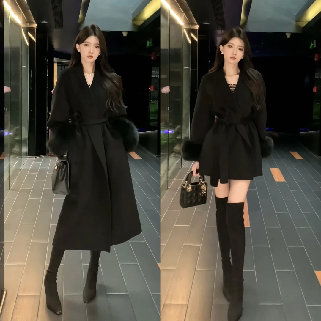 大码赫本风黑色毛呢大衣中长款秋冬气质名媛高级感系带收腰外套女