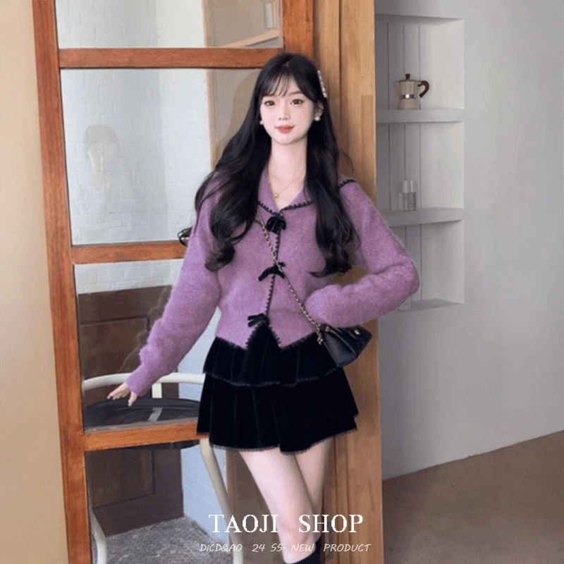 性感纯欲翻领长袖针织开衫外套女秋季新款显瘦毛衣上衣半身裙套装