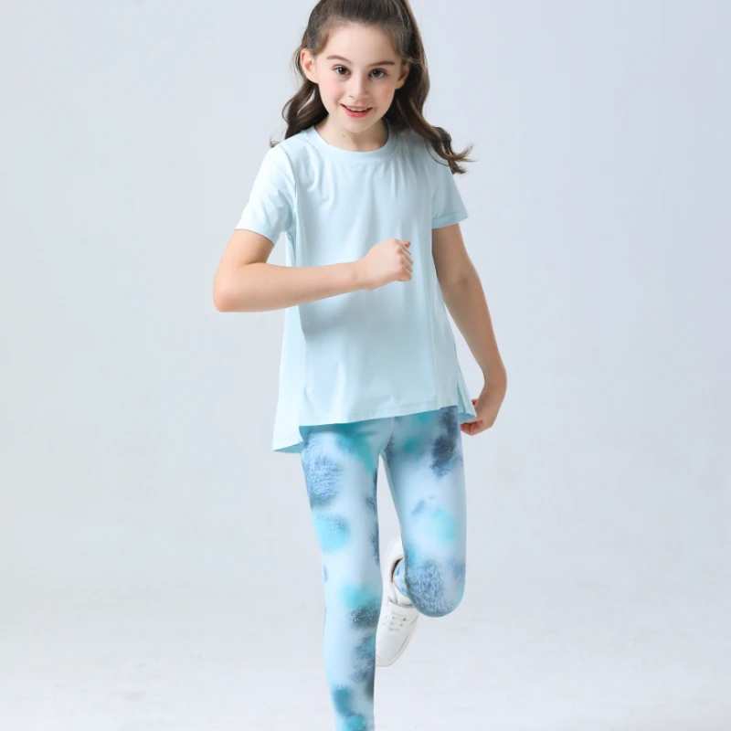 manciyoga夏薄款速干透气女孩儿童瑜伽服套装运动休闲印花健身裤