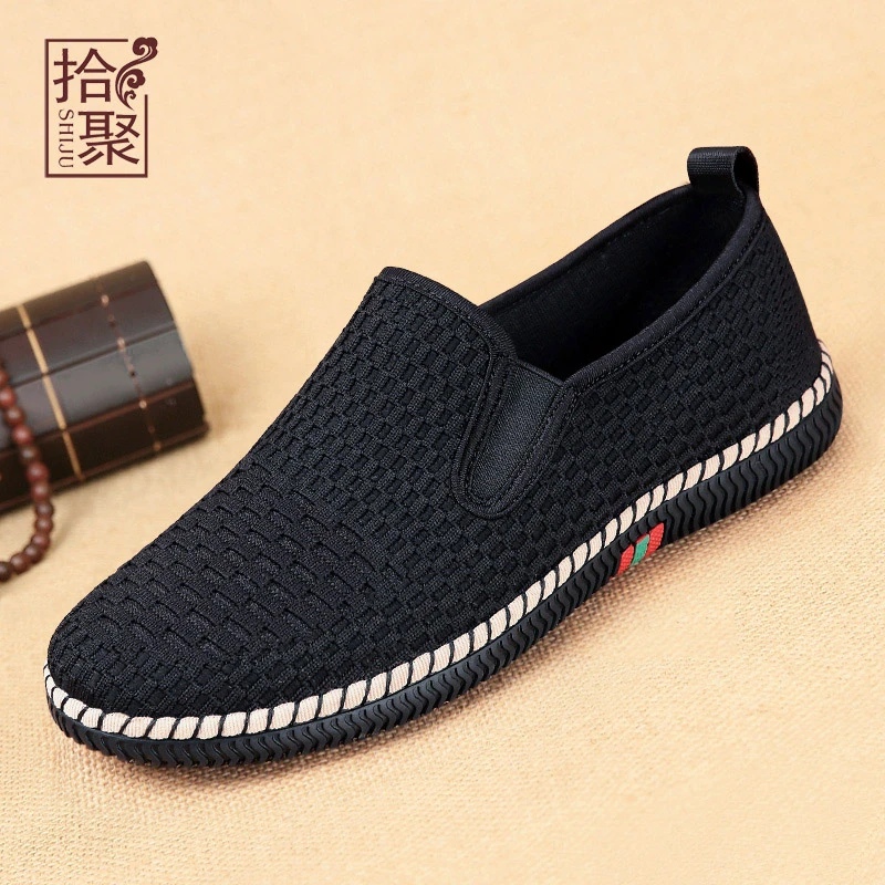 老北京布鞋男士网面休闲鞋一脚蹬软底舒适透气黑色春秋男鞋爸爸鞋