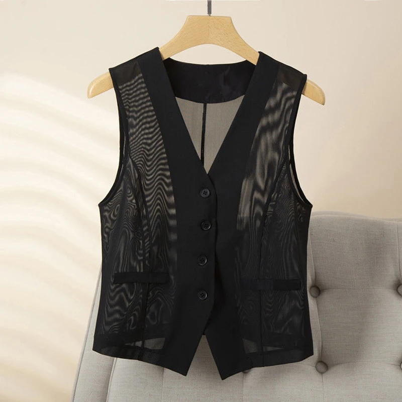 夏天网纱马甲女款外穿修身显瘦短款减龄背心时尚百搭夏季薄款马夹