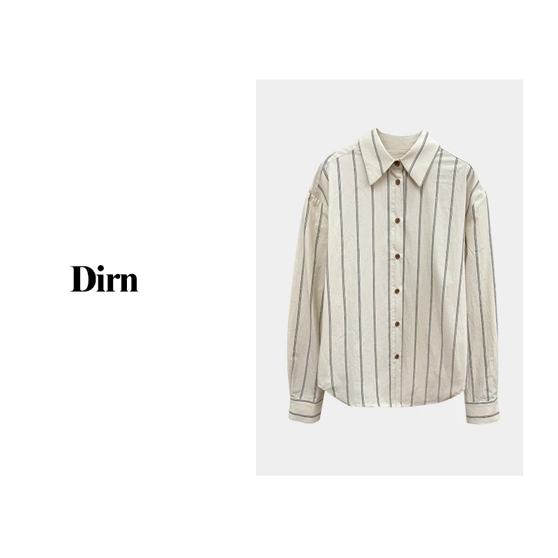 DIRN设计师 高级感抗皱条纹衬衫女春秋极简风百搭叠穿打底衬衣