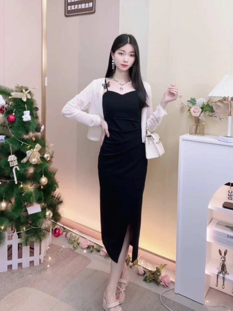 4032法式优雅气质显瘦高级感蝴蝶肩带吊带裙开叉后妈裙连衣裙夏