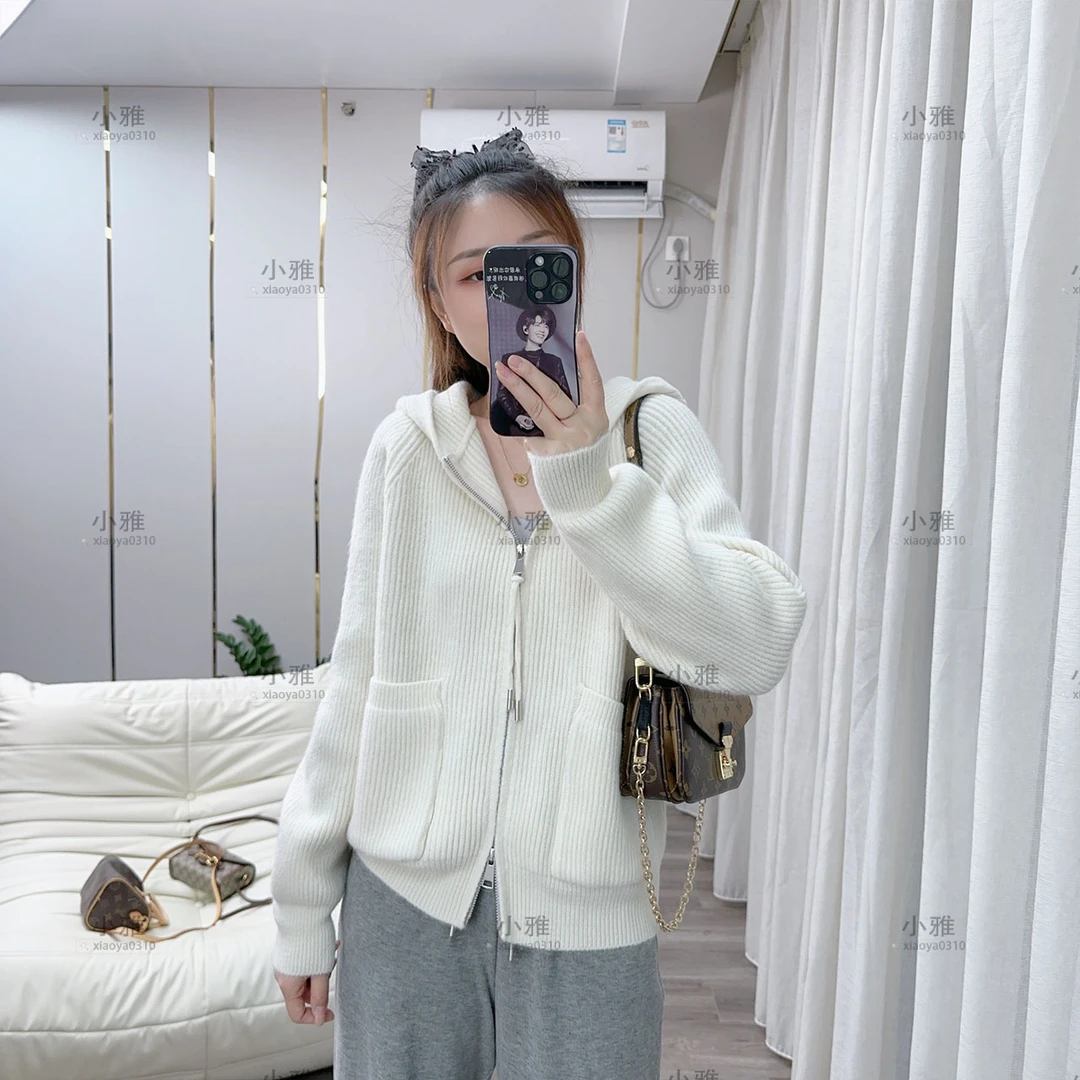【小雅定制】口袋双拉链连帽软糯针织开衫毛衣2024秋冬新款百搭上衣