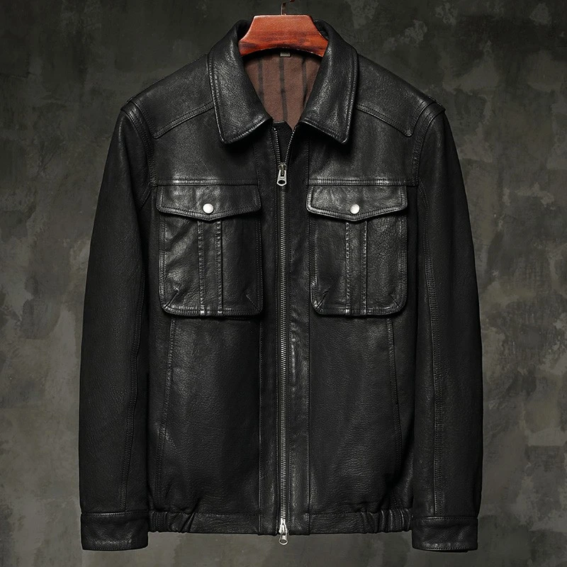 BUREAUY美式复古做旧真皮皮衣男原生态山羊皮夹克方领休闲机车服