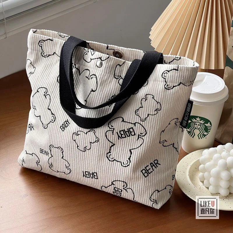 原创自制ins日系可爱灯芯绒小熊便携手提便当包文艺复古宝妈包包