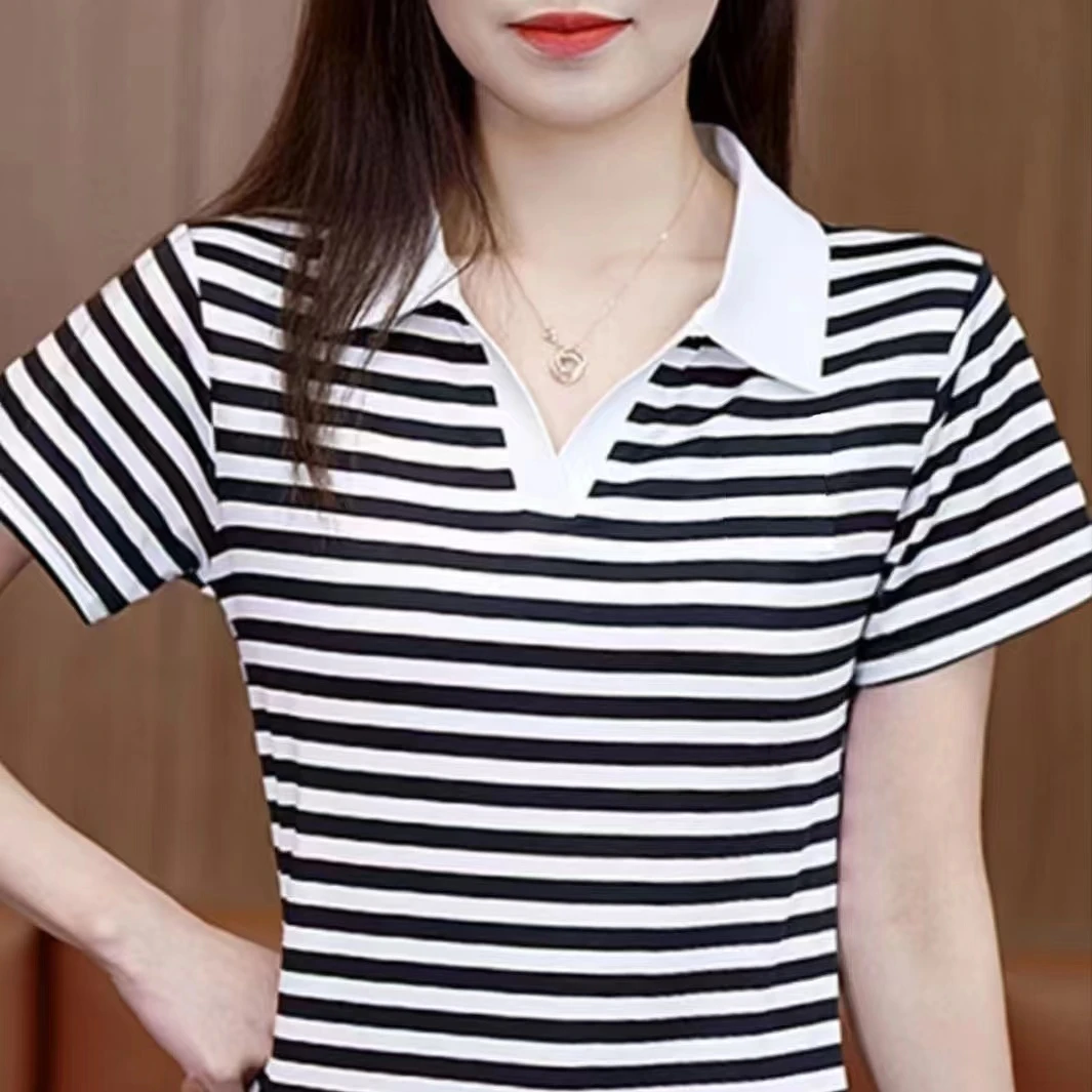 夏季条纹翻领上衣大码显瘦polo衫百搭休闲清凉短袖T恤衫v领拼色