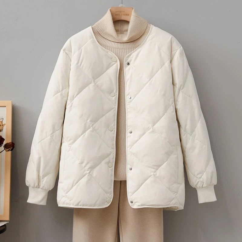 新潮羽绒服菱格无领羽绒服女轻薄短款2024新款小个子宽松圆领白鸭